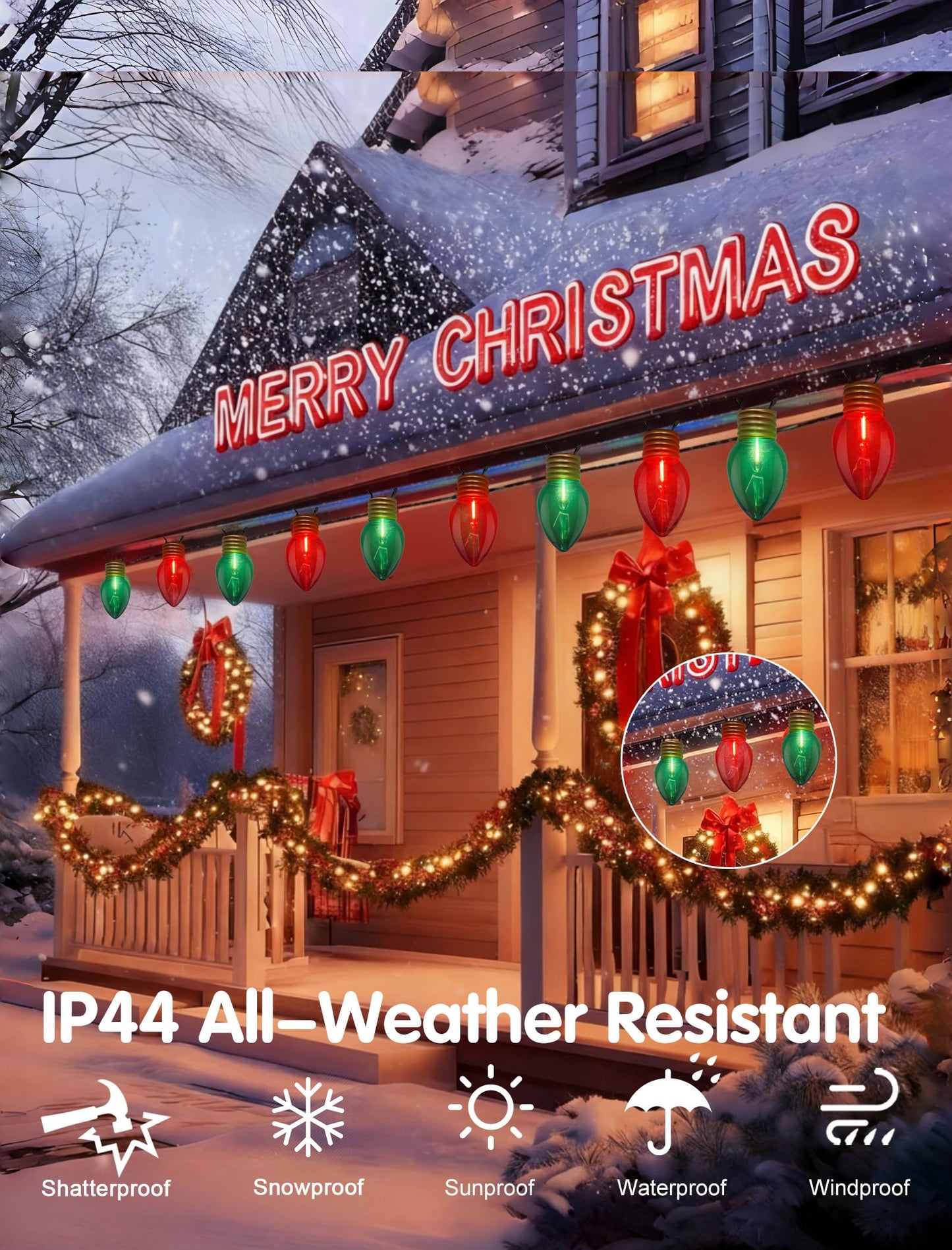 Pallerina 16FT Jumbo Red and Greeen Christmas Lights,Outdoor Giant Christmas Decorations Lights with 10 LED Clear Red and Greeen Bulbs for Tree Holiday Home Roof Yard Garden Decorations