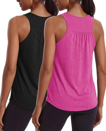PINSPARK Workout Tank Tops for Women Sleeveless Yoga Gym Tops Racerback Stretchy Athletic Running Tennis Sport Shirts Trendy,Black/Hot Pink 3XL