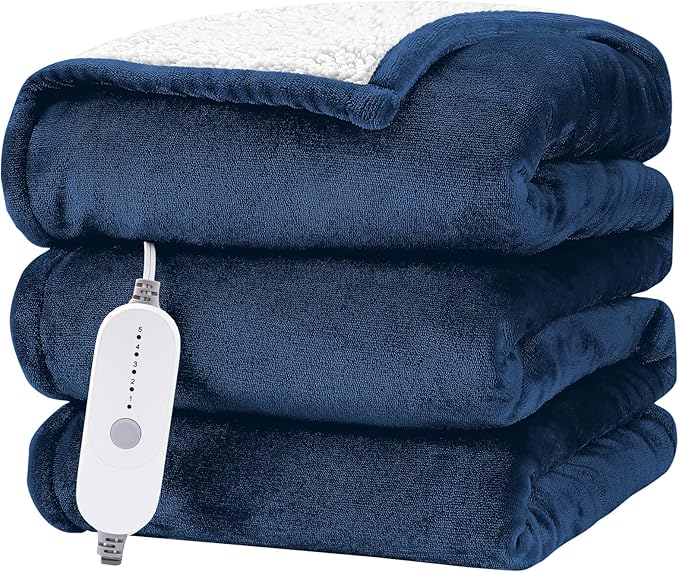 HYLEORY Heated Electric Blanket Twin 62"x84" Soft Fleece & Flannel with 5 Heating Levels & 10 Hours Timer Auto Shutt Off, ETL Certified, Washable，Heated Blanket for Body-Navy