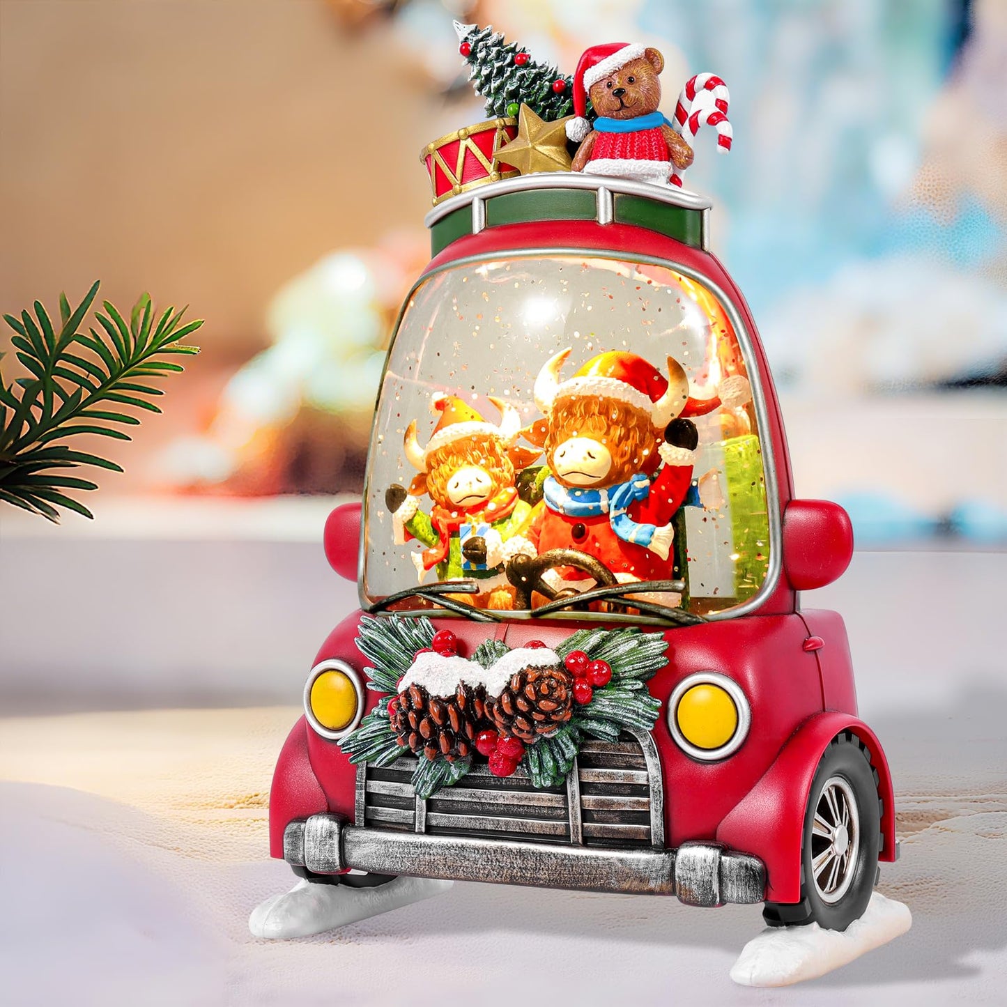 Christmas Snow Globe Lantern with 8 Holiday Music, Christmas Water Snow Globe USB/Battery Powered 6H Timer, Glitter Snowfall Two Bison Scene for Family Friends (Two Bison)