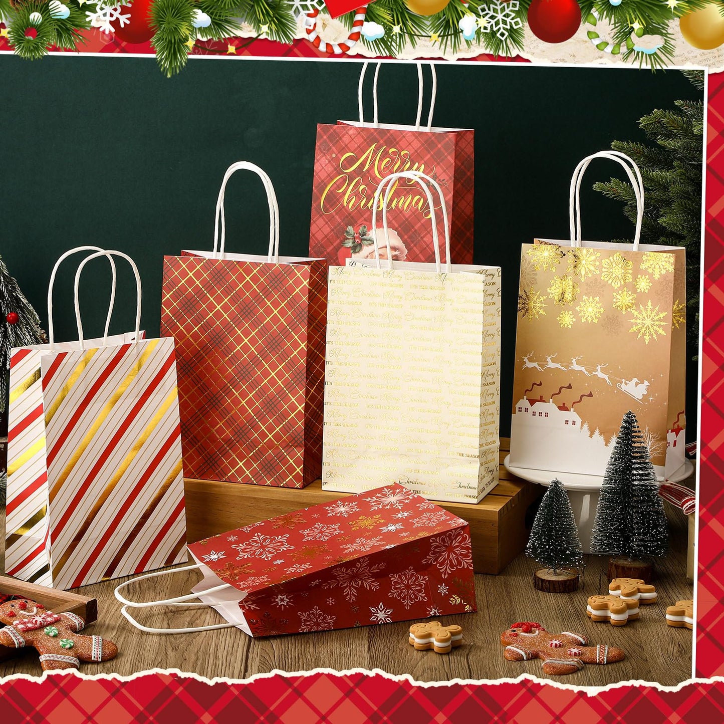 24 Pcs Christmas Gold Foil Gift Bags with Handles, 6 Assorted Xmas Designs, 8.3 x 6 x 3.5'' Holiday Kraft Paper Red and Gold Gift Bags for Christmas New Year Winter Party Favor, Goody Treat Wrapping