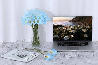 SITUMEIZI 24 PCS Light Blue Fake Flowers Artificial Calla Lily Silk Flowers Real Touch for Mother's Day Easter Home Kitchen Decor Wedding Bouquet Office Spring Decoration