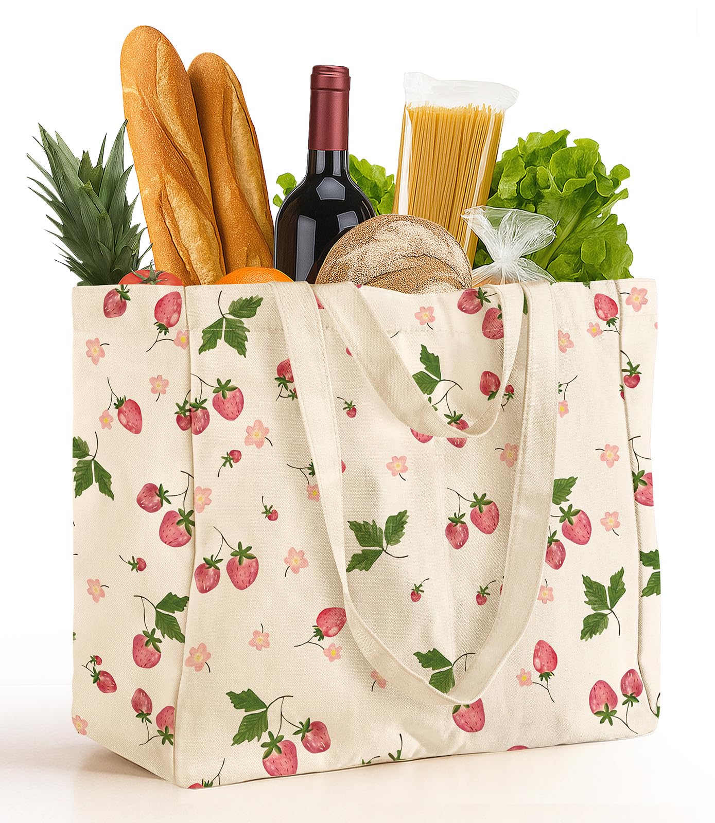 Miss Adola Large Canvas Grocery Tote Bag - Reusable Shoulder Bags with 6 Inner Pockets & Shoulder Strap and Handle Cute Aesthetic Designer Heavy Duty Shopping Totes for Groceries, Strawberry