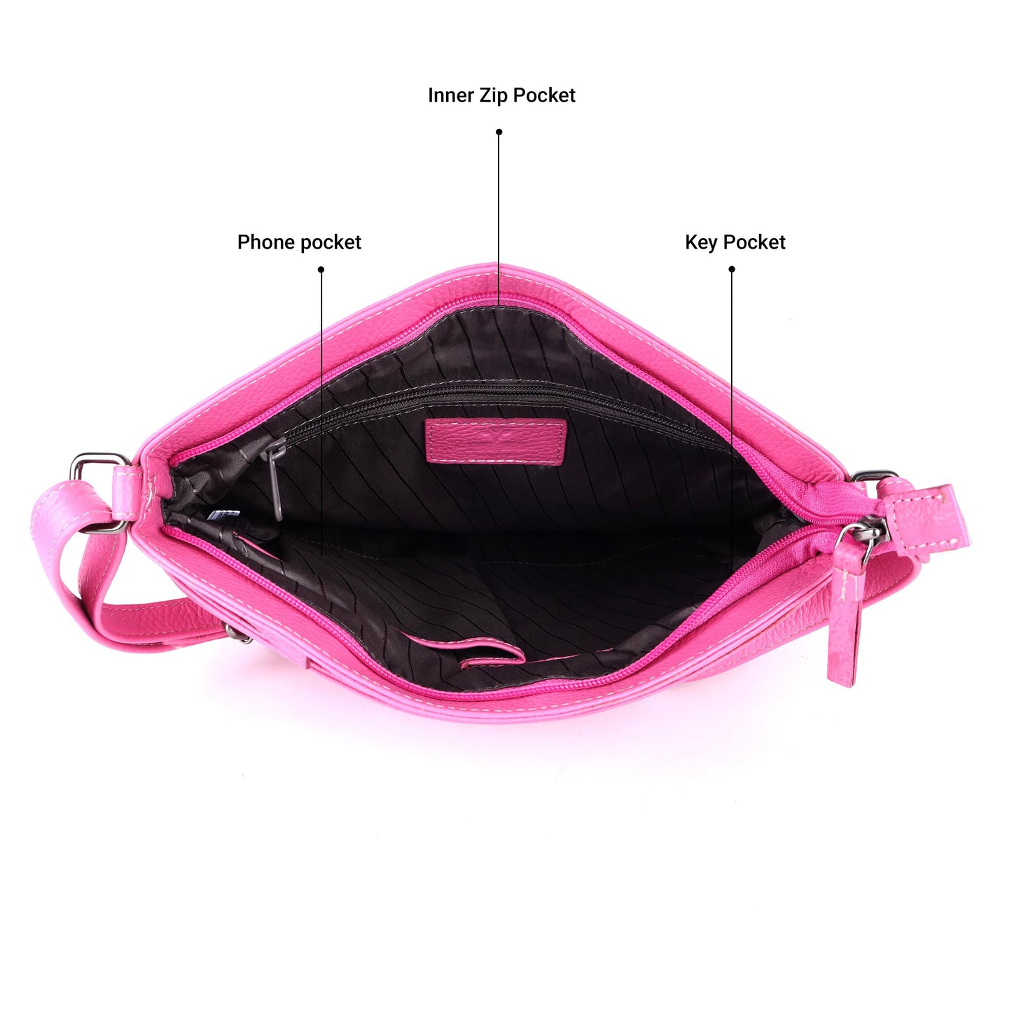 LEDERBUCK Terry Large Soft Real Leather Womens Crossbody Handbags and Purses-Triple Zip Premium Sling Crossover Shoulder Bag (Fuscia Pink)