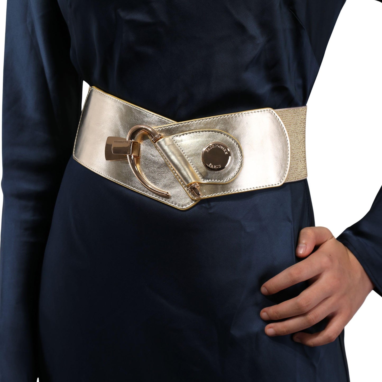 FASHIONGEN - Cowhide leather elastic belt for women, DARLENE - Golden, X-Large/waist size 34 to 36