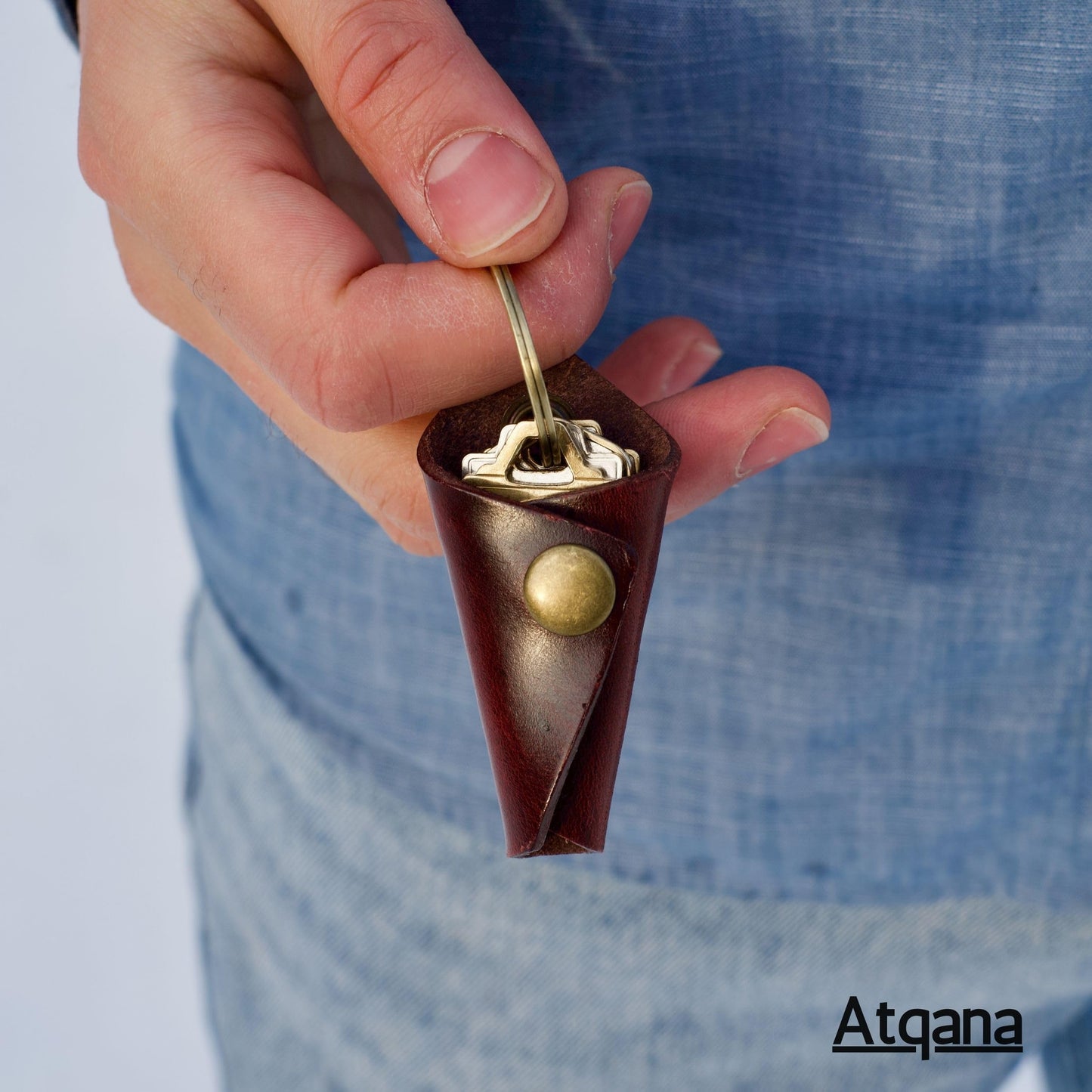 Atqana Leather Key Wrap Cover (Premium Leather) - Key Organizer | Motorcycle Keychain Wrap (Extra Dark Brown) (Brass Button)