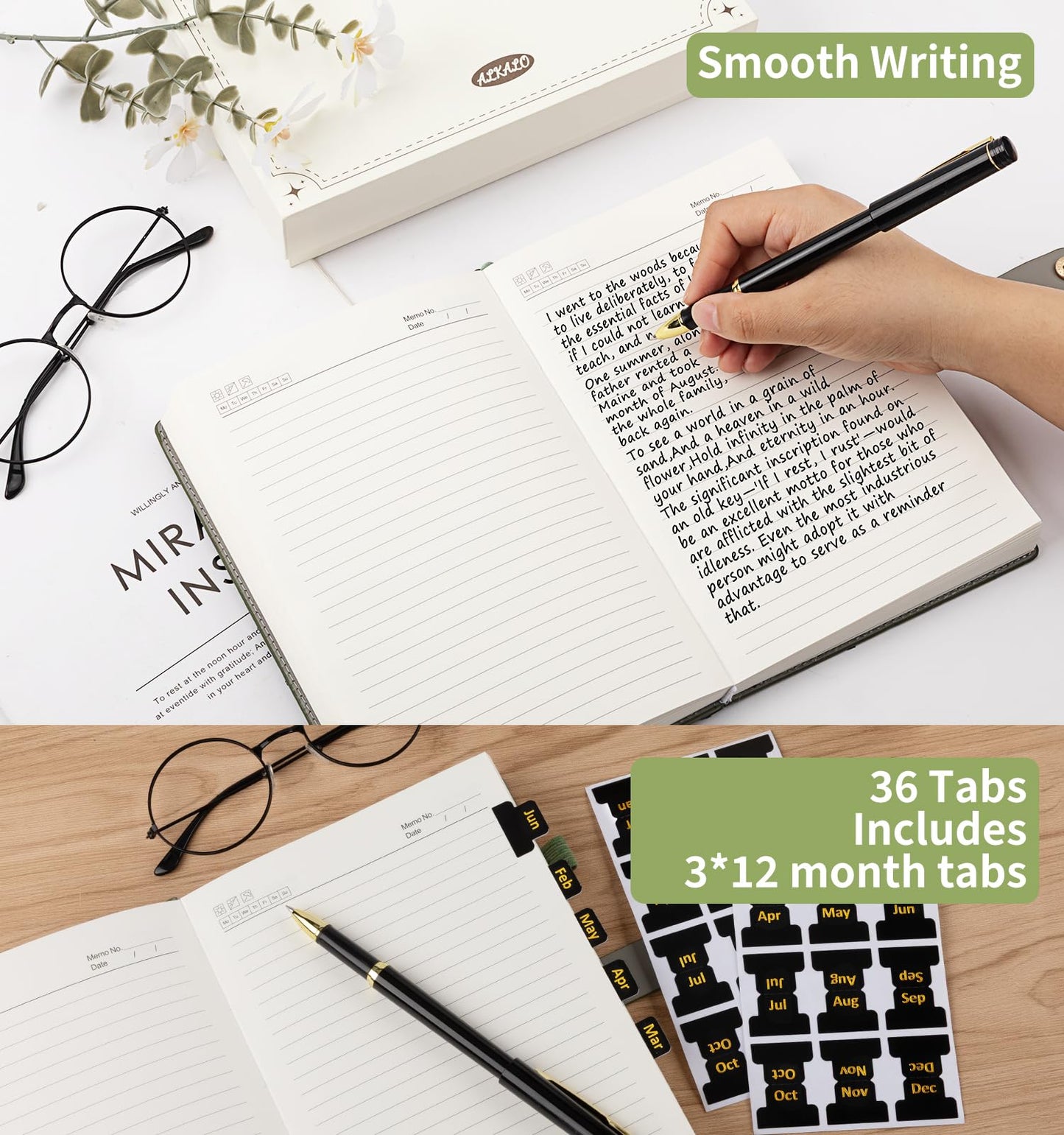 A5 Lined Leather Journal Notebook, Hardcover Journal Set with Pen, Monthly Index Tabs and Gift Box, 320 Pages 100GSM Thick Paper, Thick Daily Diary, Journal for Women, Men, School, Travel, Work(Green)