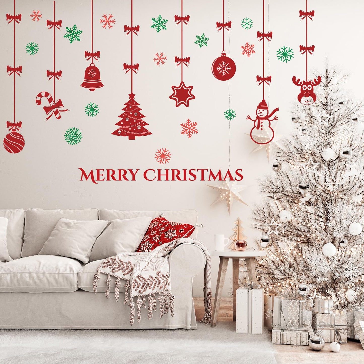 Merry Christmas Wall Decals for Bedroom-Hanging Xmas Tree Snowflake Wall Stickers for Living Room Window Door Decor-Removable Art Mural for Kids Baby Gift Nursery Decor Supplies (Red)