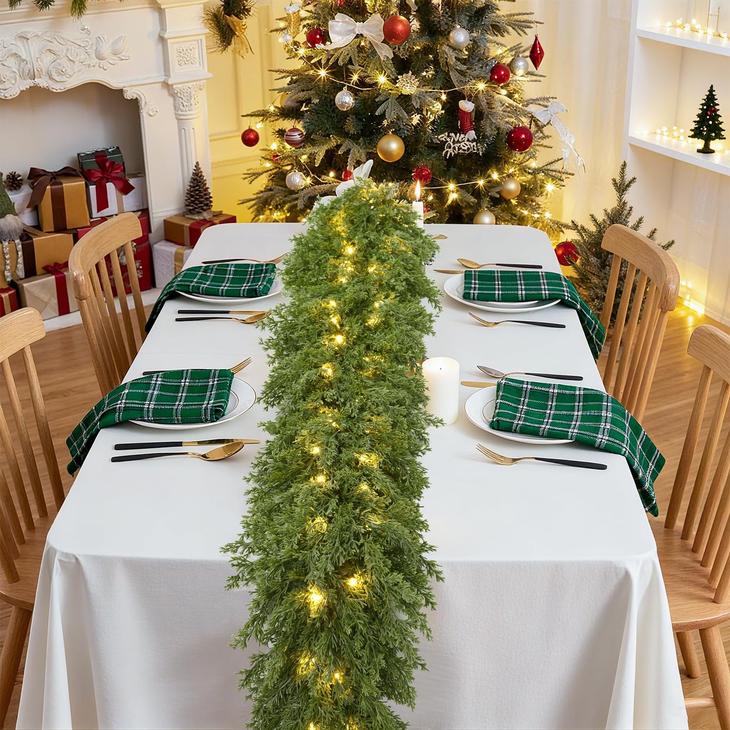 Lvydec Lighted Christmas Pine Garland Decoration, 6ft Realistic Cedar Cypress Garlands Christmas Greenery Garland with Lights for Holiday Mantel Fireplace Table Centerpiece (6ft)