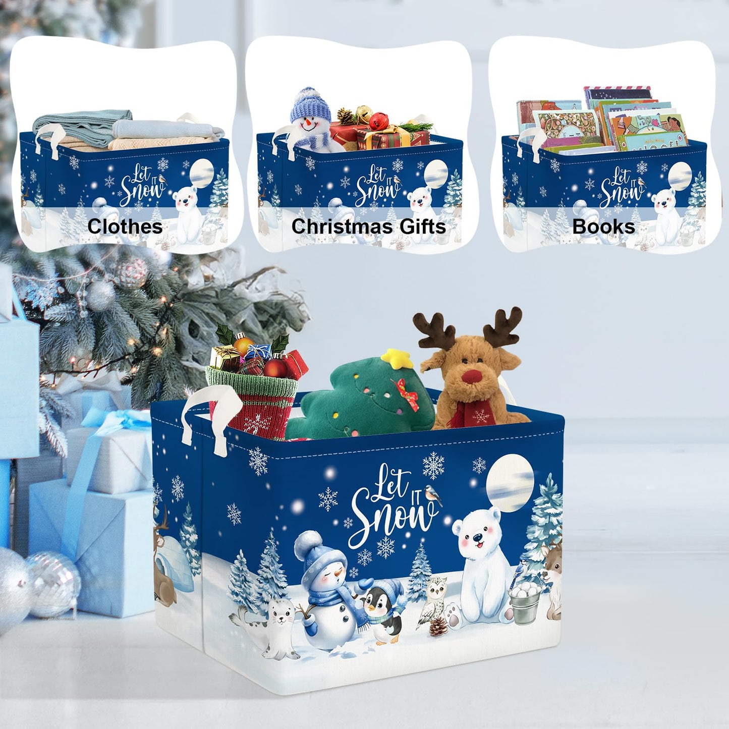 Clastyle Winter Animals Storage Basket Christmas Snowman Penguin Gift Basket Kid Polar Bear Deer Owl Seal Nursery Bin Large Clothes Toy Book Shelf Basket Cube