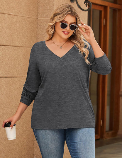 IN'VOLAND Womens Plus Size Long Sleeve Shirts V Neck Basic Tee Tops Loose Fit Fall Outfits for Women 1X-5X