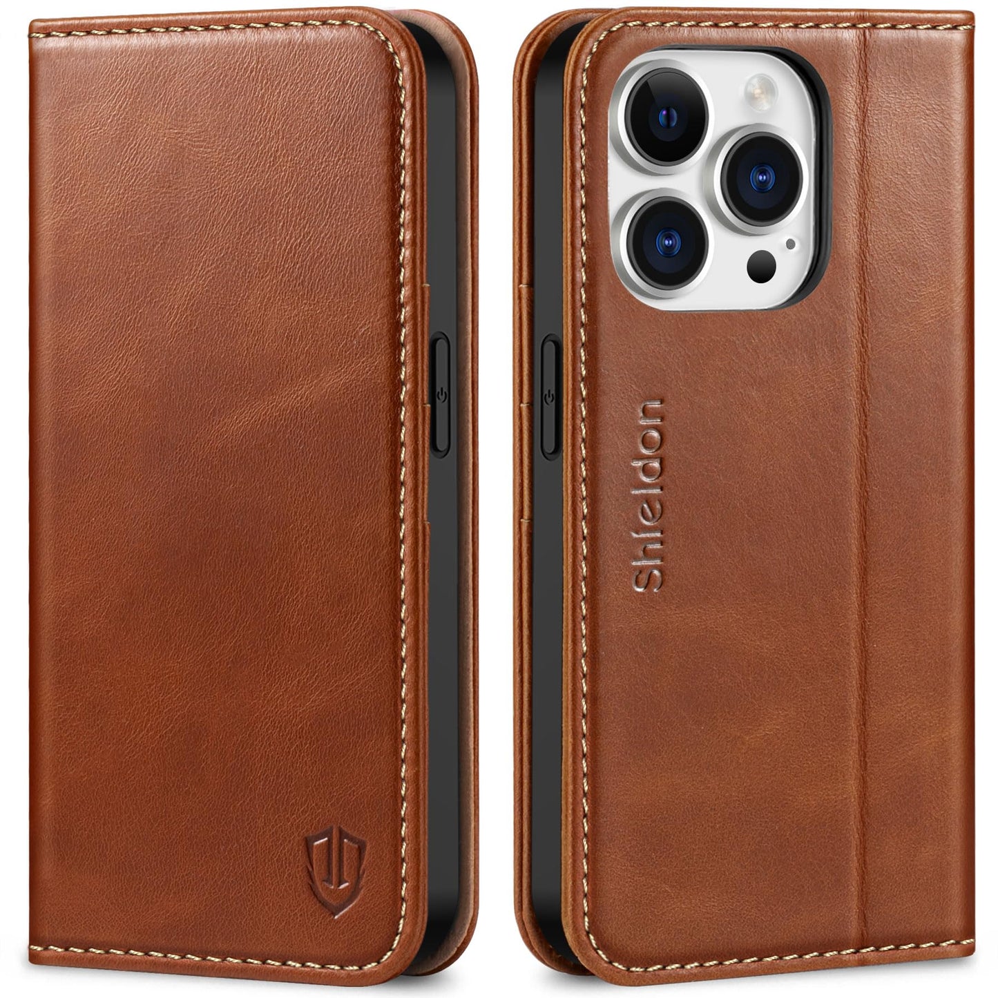SHIELDON Case for iPhone 14 Pro 5G 2022, Genuine Leather Wallet Case with Kickstand RFID Blocking Card Holder Magnetic Shock Absorbing Cover Compatible with iPhone 14 Pro 6.1" - Retro Brown