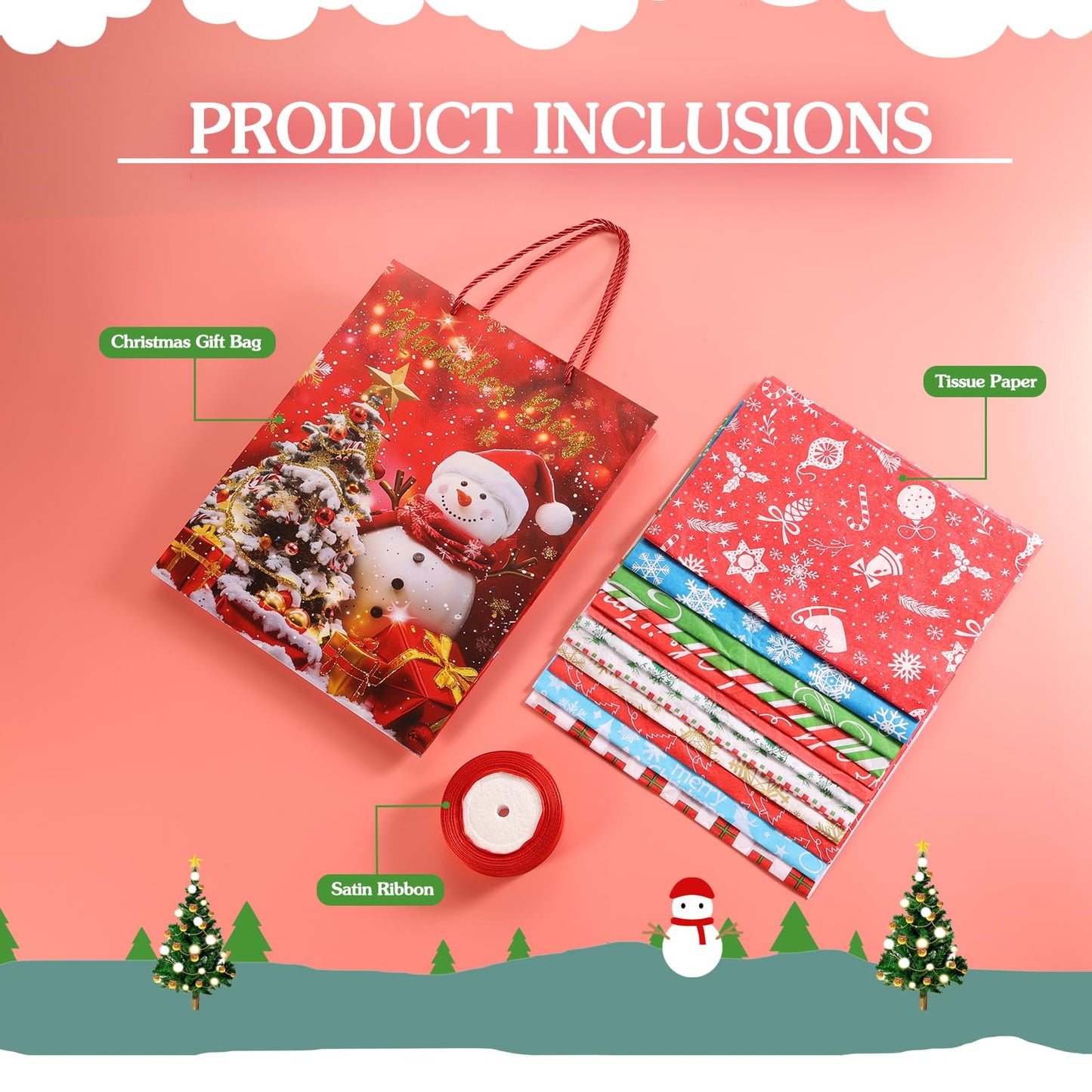 Rusikia 12 Christmas Gift Bags with 12 Tissues and 1 Satin Ribbon - Medium