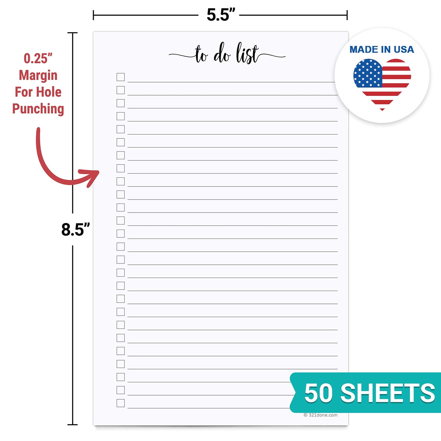321Done To Do List Notepad for Planner Refill Pages – Made in USA - 50 Sheets (5.5x8.5) To-Do's Tear Off, Planning Memo Pad, Checklist Notes Left Hole Punch Margins - Simple Script College-Ruled