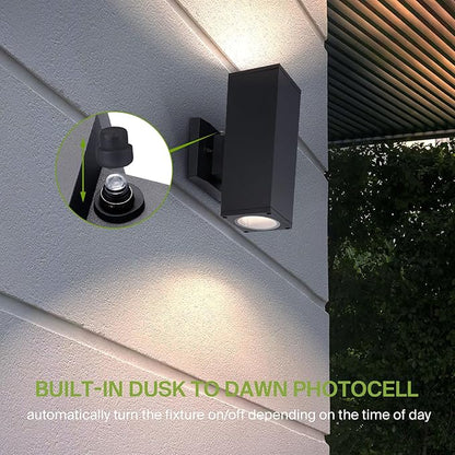 ASD 2 Light Square Dusk to Dawn Outdoor Wall Light Fixture | 120W E26 Socket 120V ETL Cylinder Up Down Lights | LED/CFL/Incandescent Bulb Exterior Wall Sconce | Front Door, Porch Patio | Black, 6 Pack