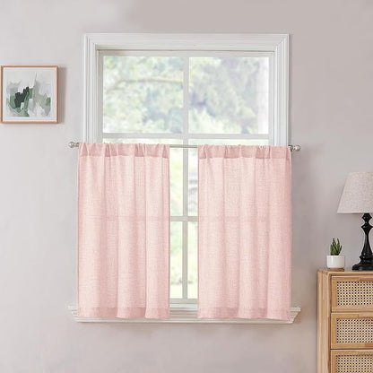 Tollpiz Linen Tier Curtain Rod Pocket Semi Sheer Half Kitchen Curtains Burlap Light Filtering Thick Linen Drape for Bathroom, 30 x 36 inches Long, Pink, Set of 2 Panels