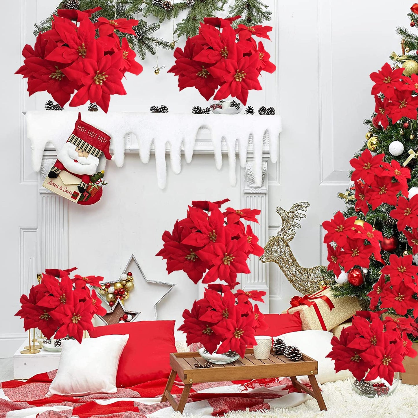 WISTART 8 Pack Christmas Artificial Poinsettia Flowers Velvet Plastic Floral Bouquet Small 7 Head Silk Red Shrub Fake Flowers Arrangement for Winter Indoor Outdoor Home Porch Xmas Holiday Decor
