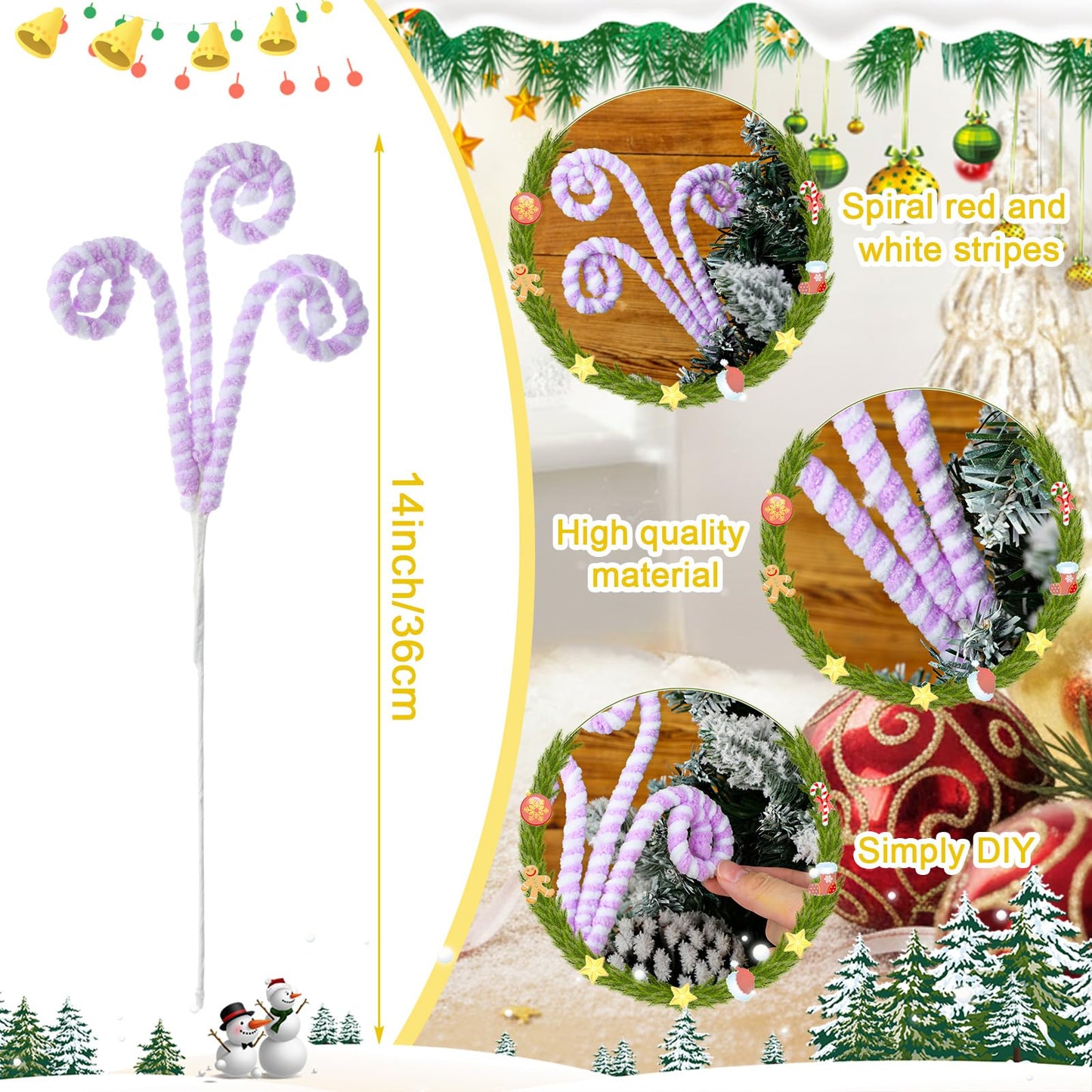 Solsew 12 Pcs Christmas Tree Decorations Picks, 14 Inch Pastel Christmas Curly Candy Cane Pick Macaron Woolen Xmas Tree Topper Ornaments for Holiday Party Decor