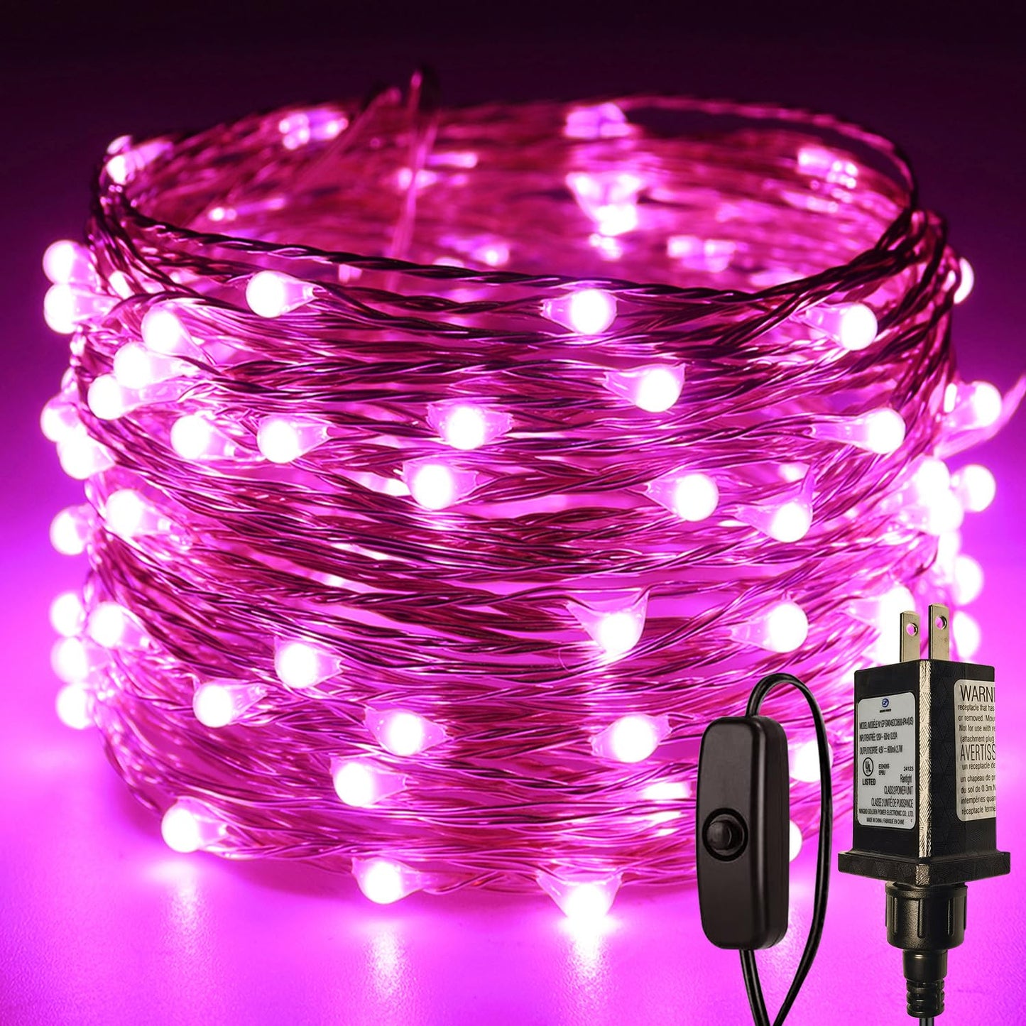 RUICHEN Plug in Fairy Lights with Switch, Waterproof 33 Ft 100 LED Silver Wire Starry String Firefly Lights for Christmas, Easter, Valentines Day, Parties, Wedding, Vases, Craft, Pink