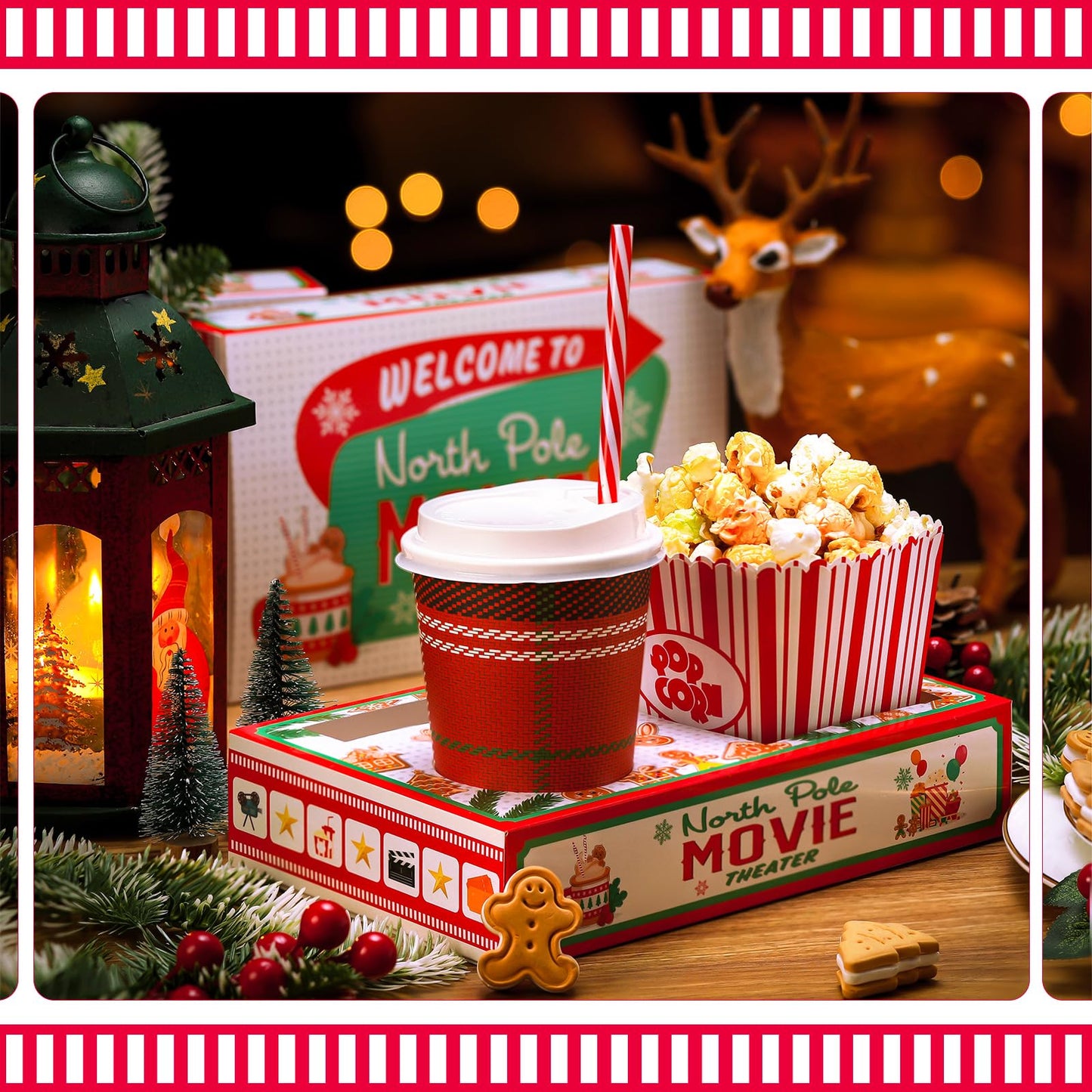 Dunzoom 20 Pcs Christmas Movie Night Supplies Movie Night Paper Snack Trays Popcorn Candy Holder Cardboard Snack Holder Food Trays(Cute Christmas)