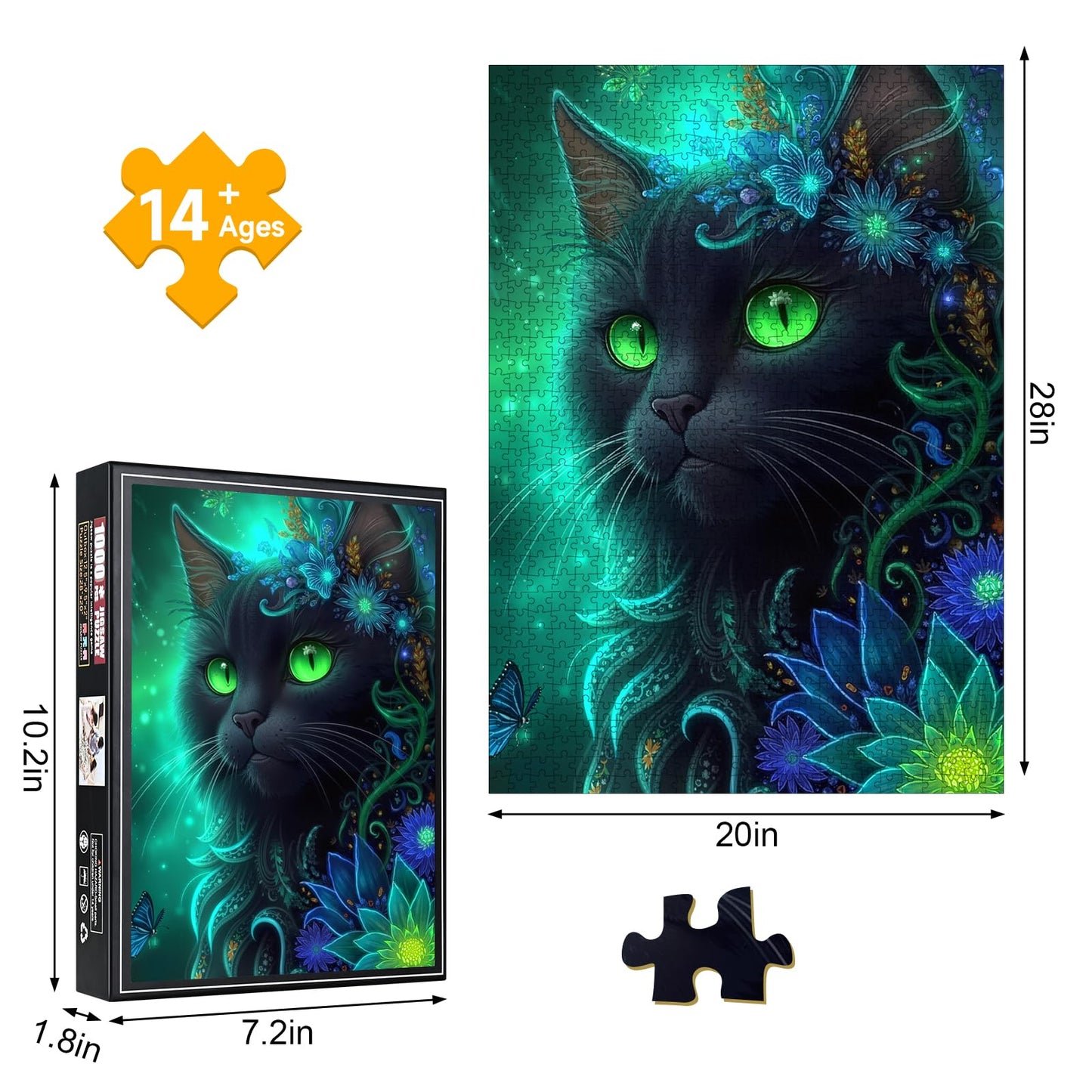 1000 Piece Jigsaw Puzzle, Magical Black Cat with Glowing Green Eyes