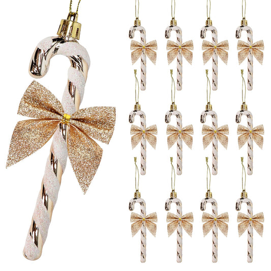 12 Pcs Candy Cane Christmas Decorations,5.5inch Glitter Candy Cane Bows for Xmas Tree Hanging Ornament Holiday Festival Party Home Decoration (Champagne)