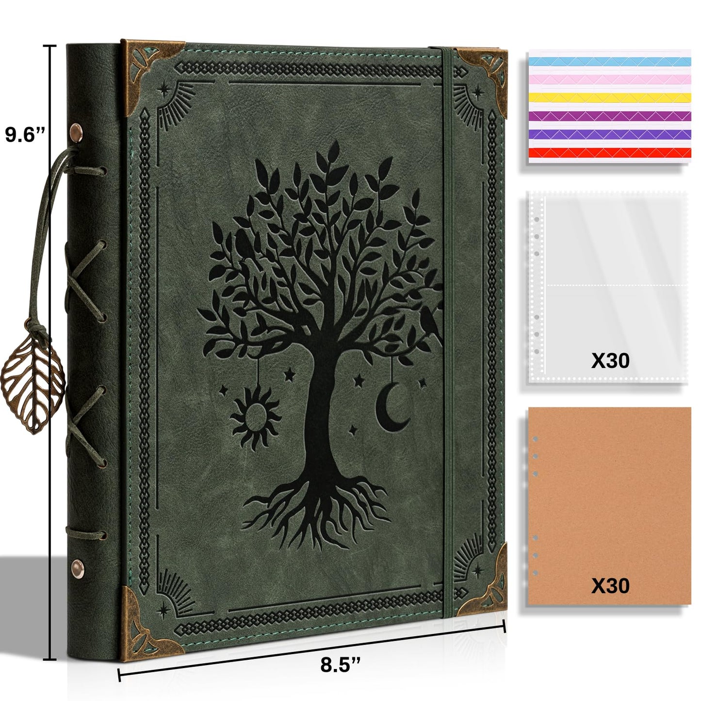 Vintage Photo Album 4x6 Leather Scrapbook Album with Writing Space 120 Photos & 30 Sheets DIY Paper Memory Albums Book for Anniversary Travel Vacation Family Tree, Green