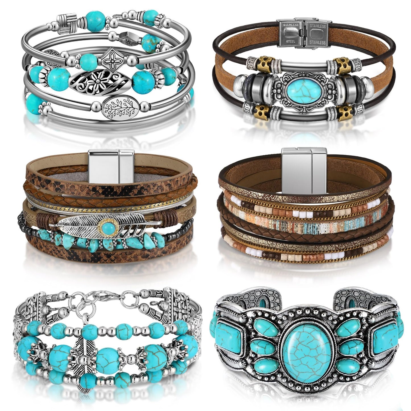 Sasylvia 6 Pcs Turquoise Bracelet for Women Leather Bracelet Western Jewelry for Women Multilayer Boho Cuff Bangle Set(Retro)