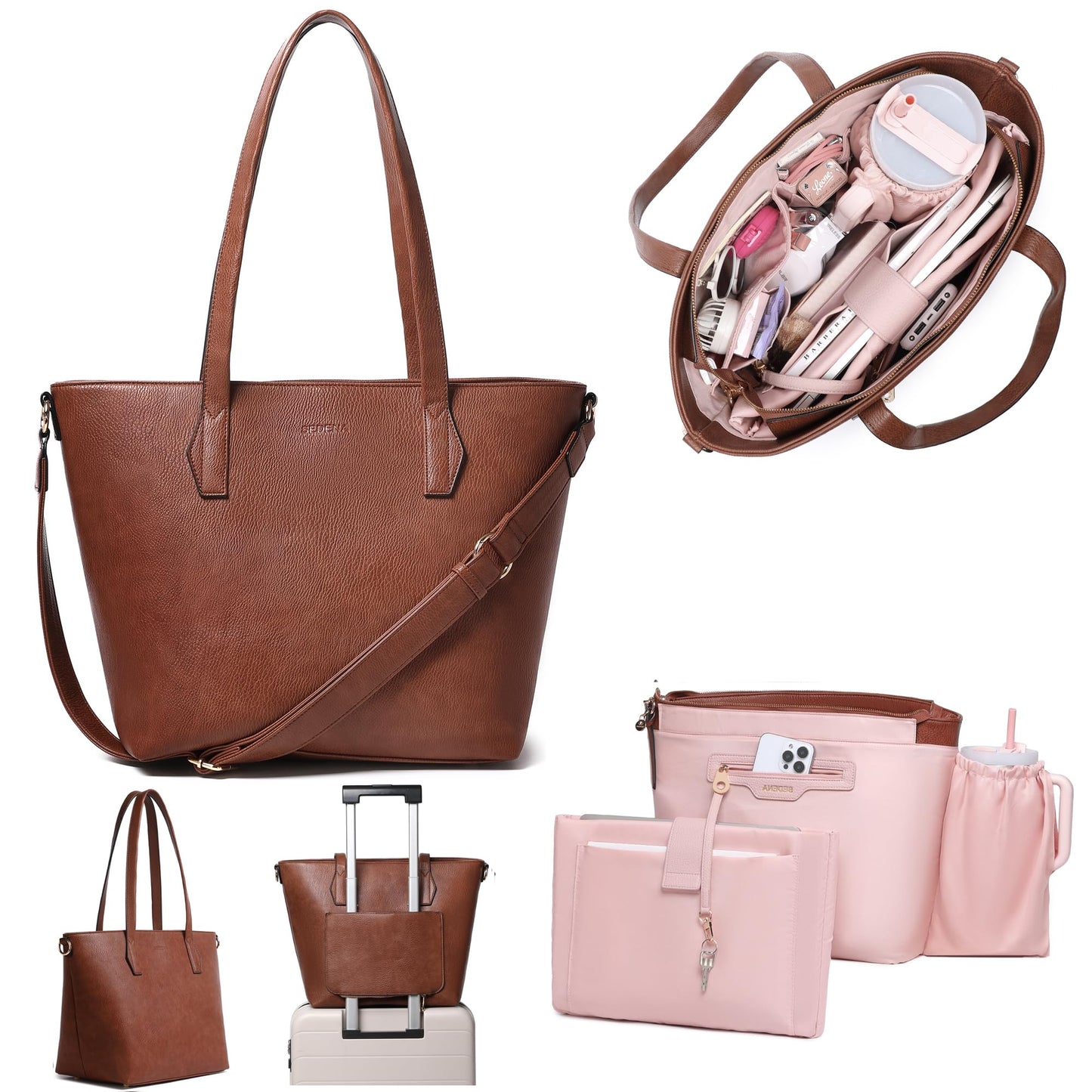 Women’s 16” Laptop Tote Bag, Dark Brown Vegan Leather Work Bag with Cupholder, RFID & Anti-Pickpocket Trolley Sleeve (Dark Brown)