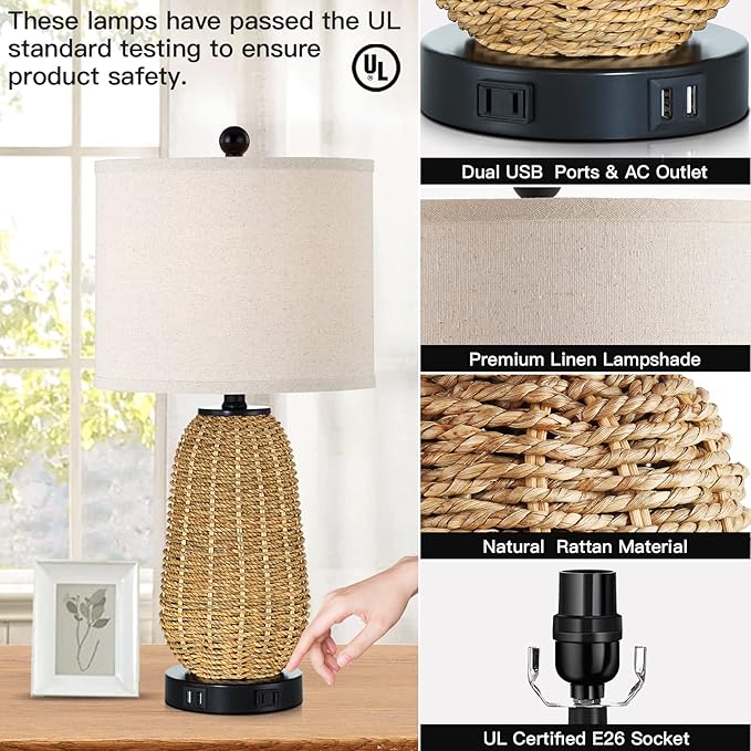 Touch Control Rattan Table Lamps, 3 Way Dimmable Bedside Lamps for Bedroom Set of 2 with 2 USB Ports and AC Outlet, Grass Rope Nightstand Lamps for Living Room Office (2 LED Bulbs Included)