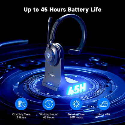 Vipdream Wireless Headset with Microphone for Work, Bluetooth 5.3 Computer Headset for Laptop, 45 Hours Battery Life & Mute Button, Headset with Mic for PC, iPhone, Zoom, Skype, Office & Home