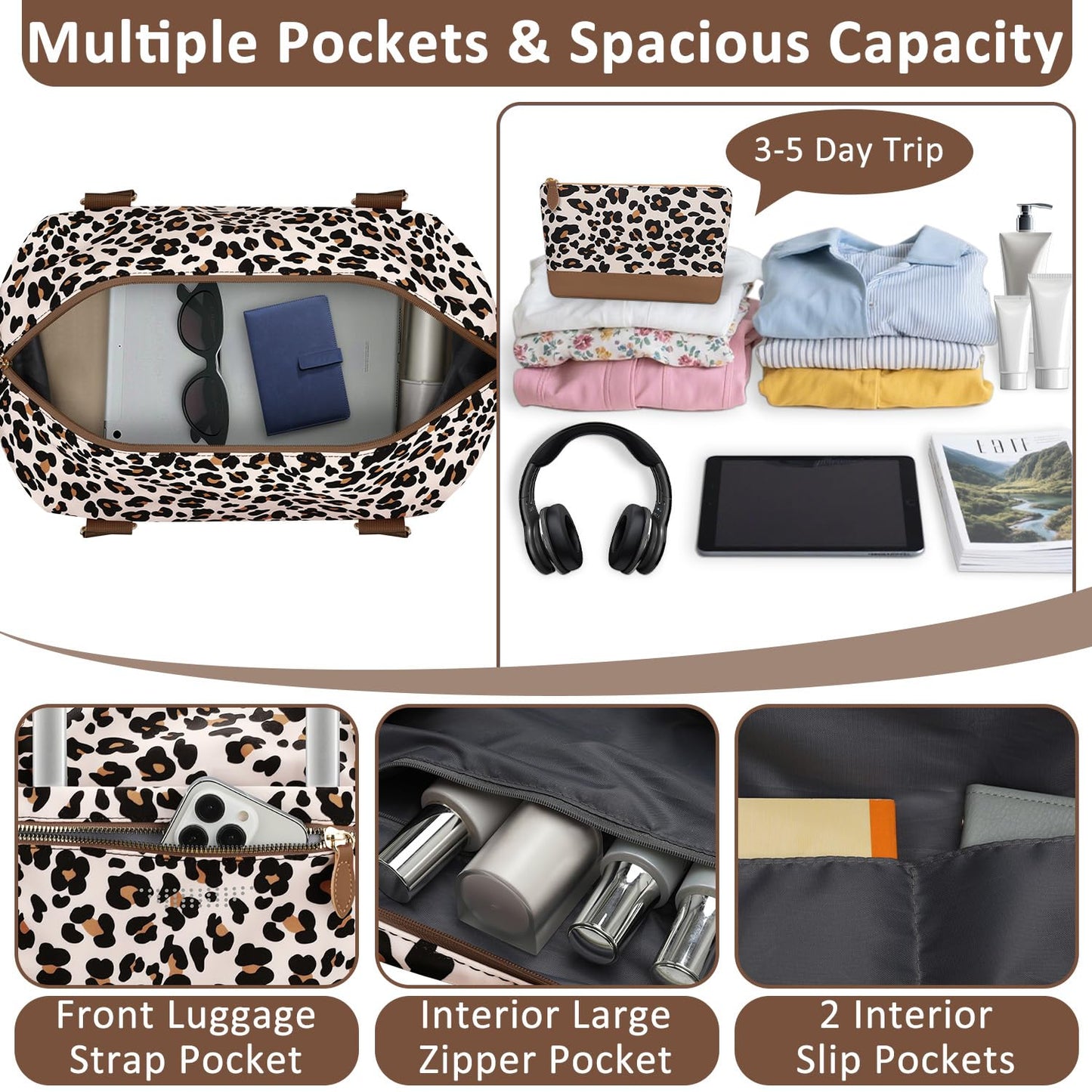 ELONGRIVER Travel Duffle Bag for Women, Weekender Bags, Hospital Bag for Labor Delivery, Lightweight Tote Duffel Overnight Bag with Luggage Sleeve, Airplane Travel Bags with Toiletry Bag,Large,Leopard