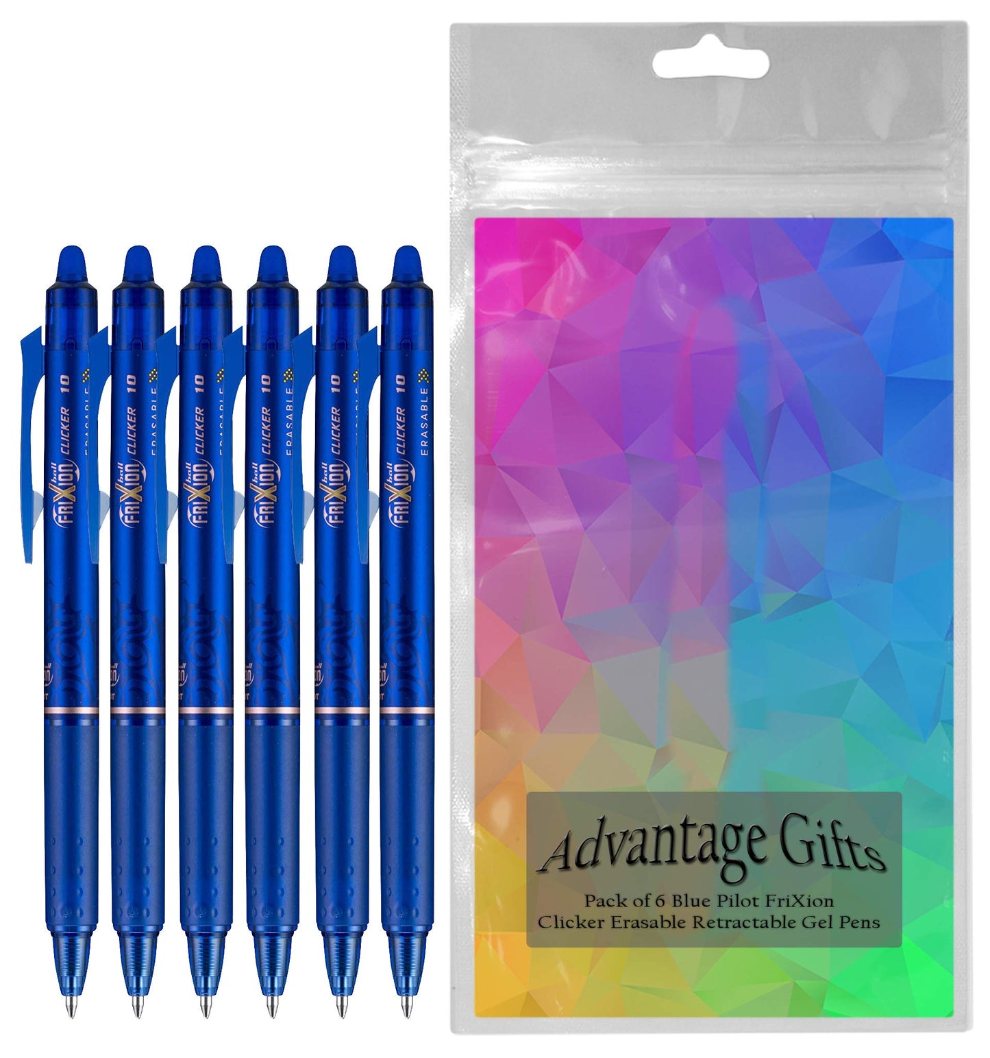 Advantage Gifts FriXion Clicker Retractable Erasable Gel Pen, Blue, Bold Point, 6-pk; Bundle with Plastic Reusable Pouch