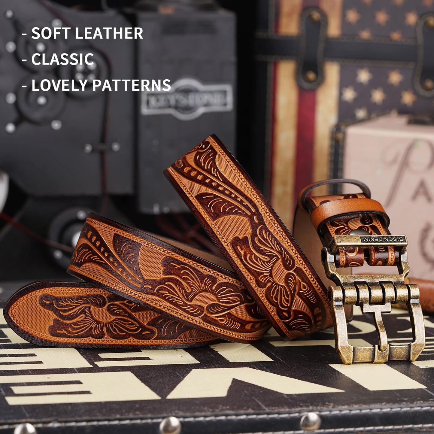 BISON DENIM Men's Genuine Leather Belt, Classic Western Cowboy Dress Belts, Heavy Duty Buckle Jeans Casual Handmade Belt
