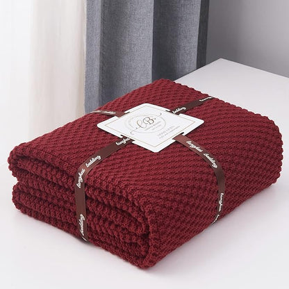 Longhui bedding Wine Red Knitted Throw Blanket for Couch, Cozy Machine Washable 100% Cotton Sofa Knit Blankets, 51 x 63 Inches, Burgundy Color