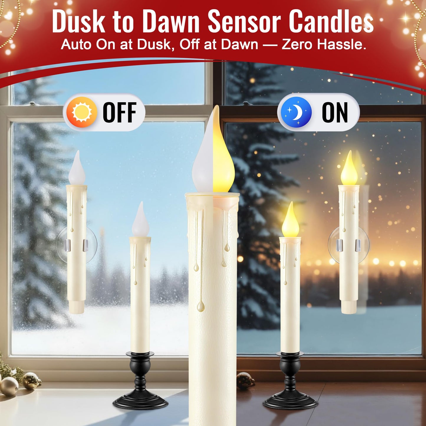 12 Pack Battery Operated Window Candles with Sensor Dusk to Dawn, Ivory Flameless Taper Candlesticks with Removable Black Base & Suction Cups, LED Candlestick for Christmas Decor Home, 24 AA Batteries