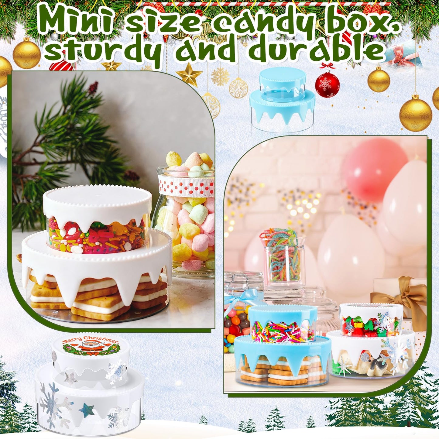 Potchen 12 Pcs Christmas Cookie Container with Lids Small Plastic Stackable Christmas Cookie Jars Xmas Snack Candy Goodie Boxes with Lid and Sticker for Holiday Gift Giving Baking Storage, Two Size
