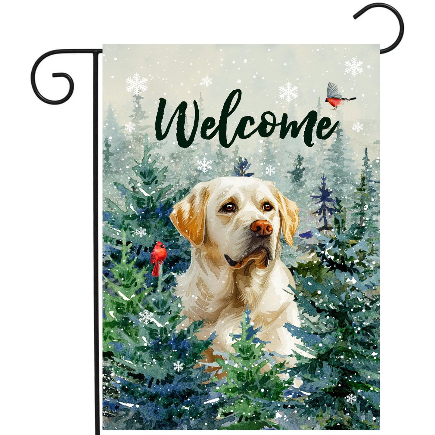 Welcome Winter Garden Flags White Lab Garden Flag Cardinal Birds on Snowy Pine Tree Flag Labrador Dog Yard Flags for Outside 12x18 Double Sided Christmas Decorative Lawn Flags