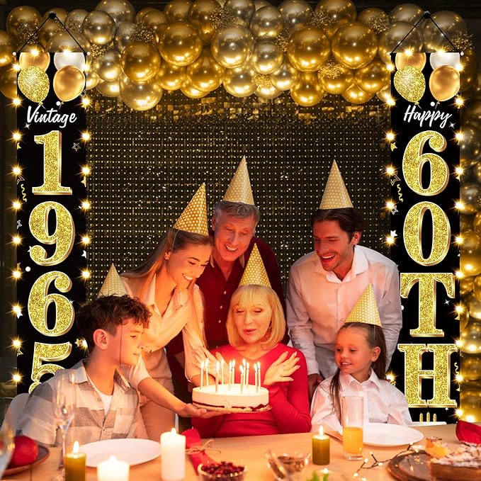 60th Birthday Party Banner Lighted Decorations for Men Women - Black Gold 1965 Birthday Decorations Door Banners with LED Light, Sixty Years Birthday Party Supplies for Indoor Outdoor Decor