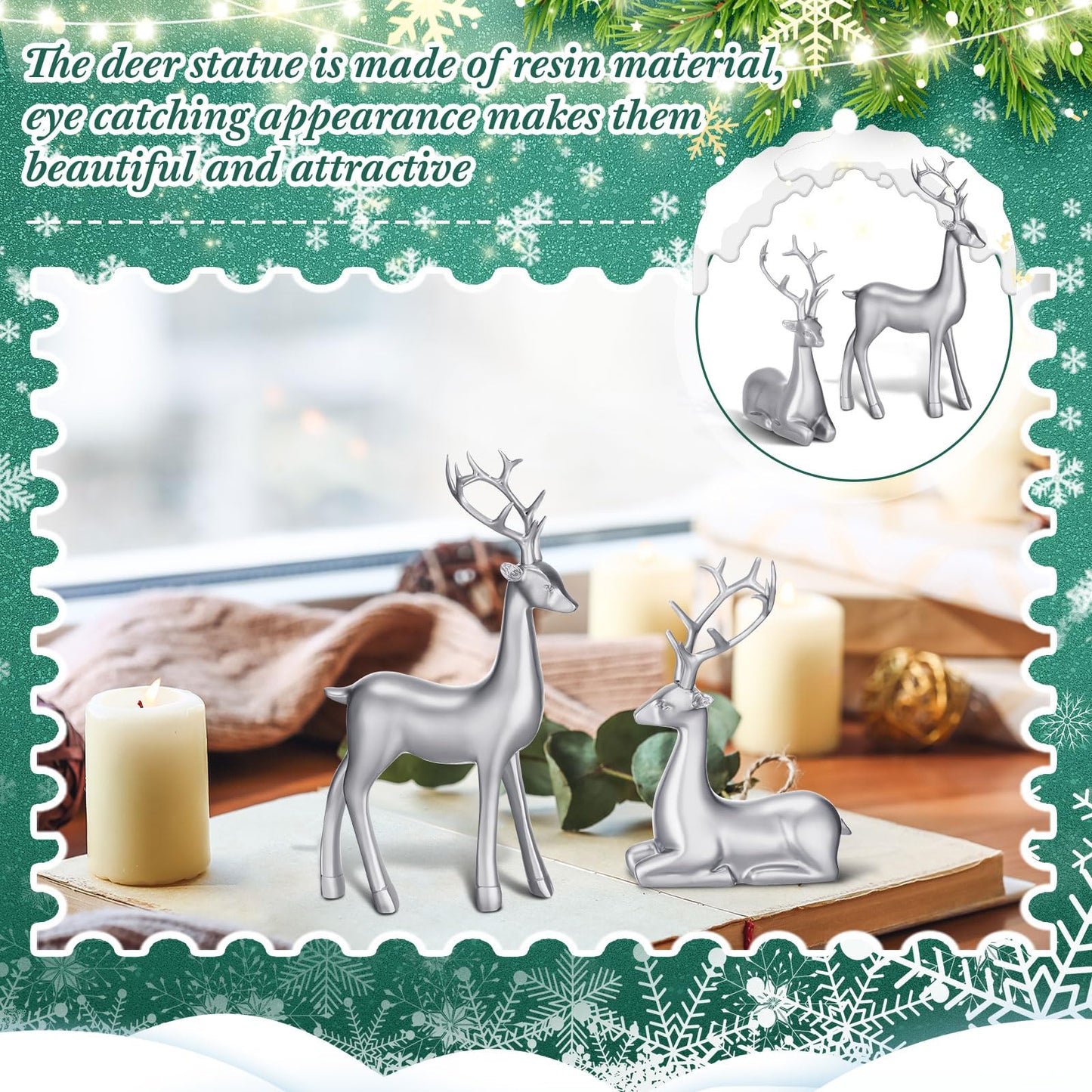 Thyle 4 Pcs Christmas Reindeer Decor Small Resin Standing Sitting Deer Figurine Mini Reindeer Christmas Table Decoration for Home Indoor Xmas Holiday Small Statue Rustic Table Decor(Silver)