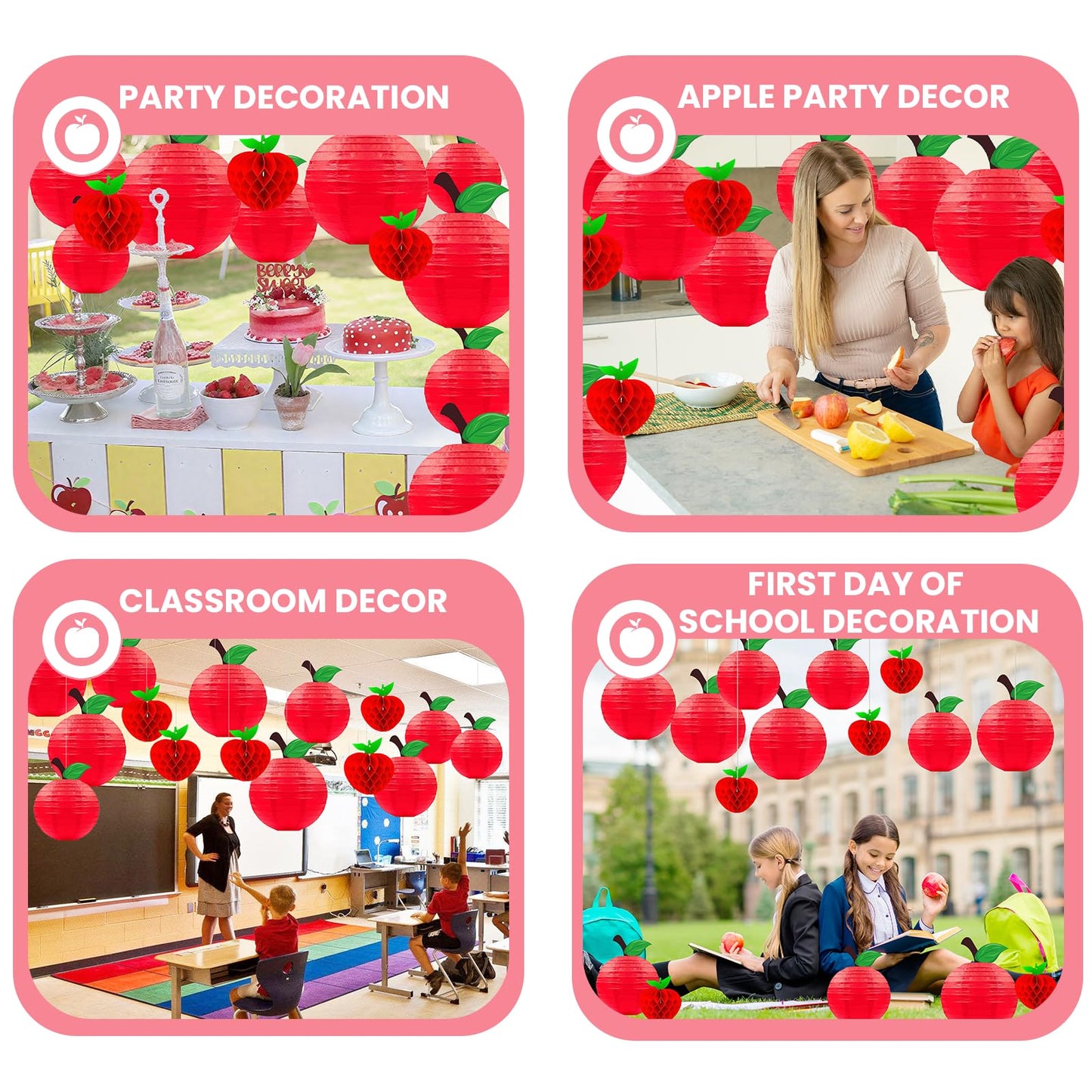 15Pcs Red Apple Paper Lanterns, Apple Decor Hanging Decorations Classroom Home Office Birthday & Fruit Themed Parties