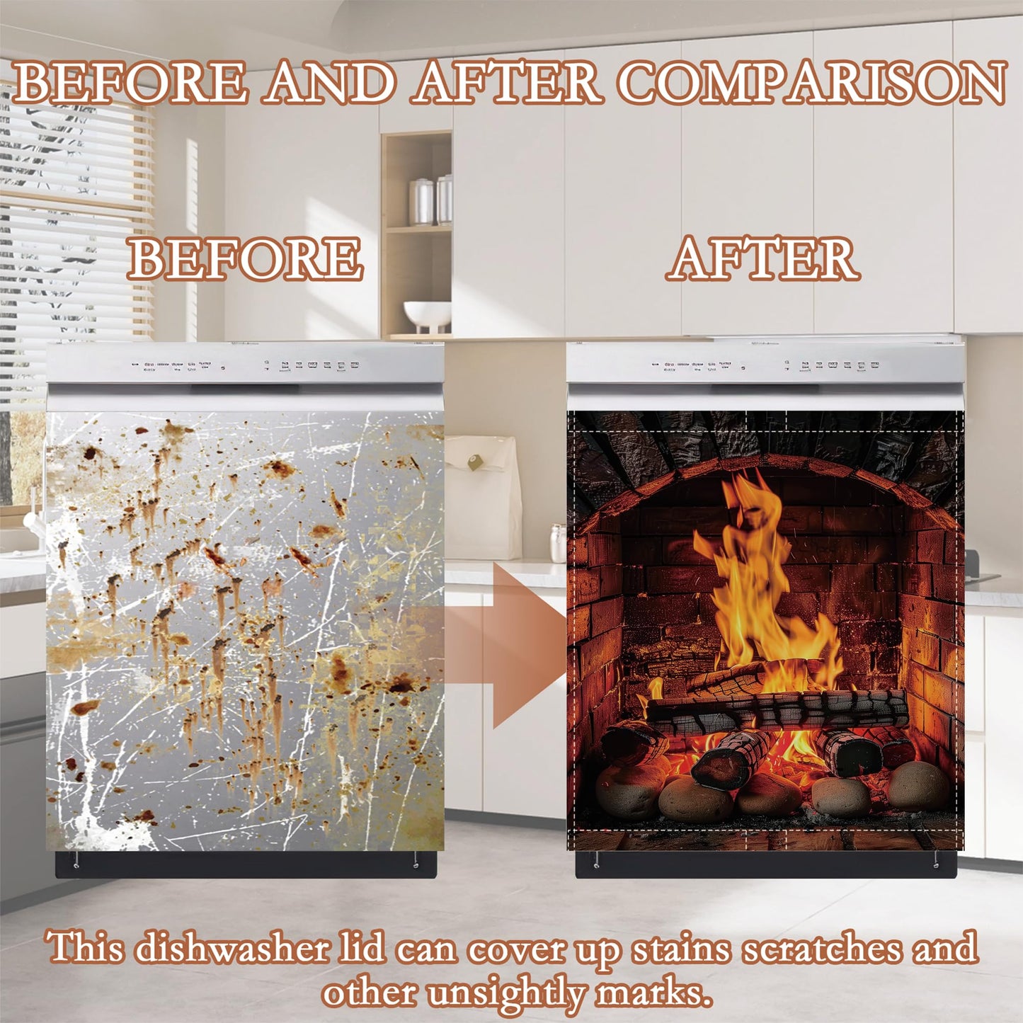 Cozy Fireplace Dishwasher Cover Panel Magnetic,Rustic Warm Home Dishwasher Magnet Decorative Cover for Refrigerator Kitchen Home Decor Reusable Waterproof 23x26 Inch