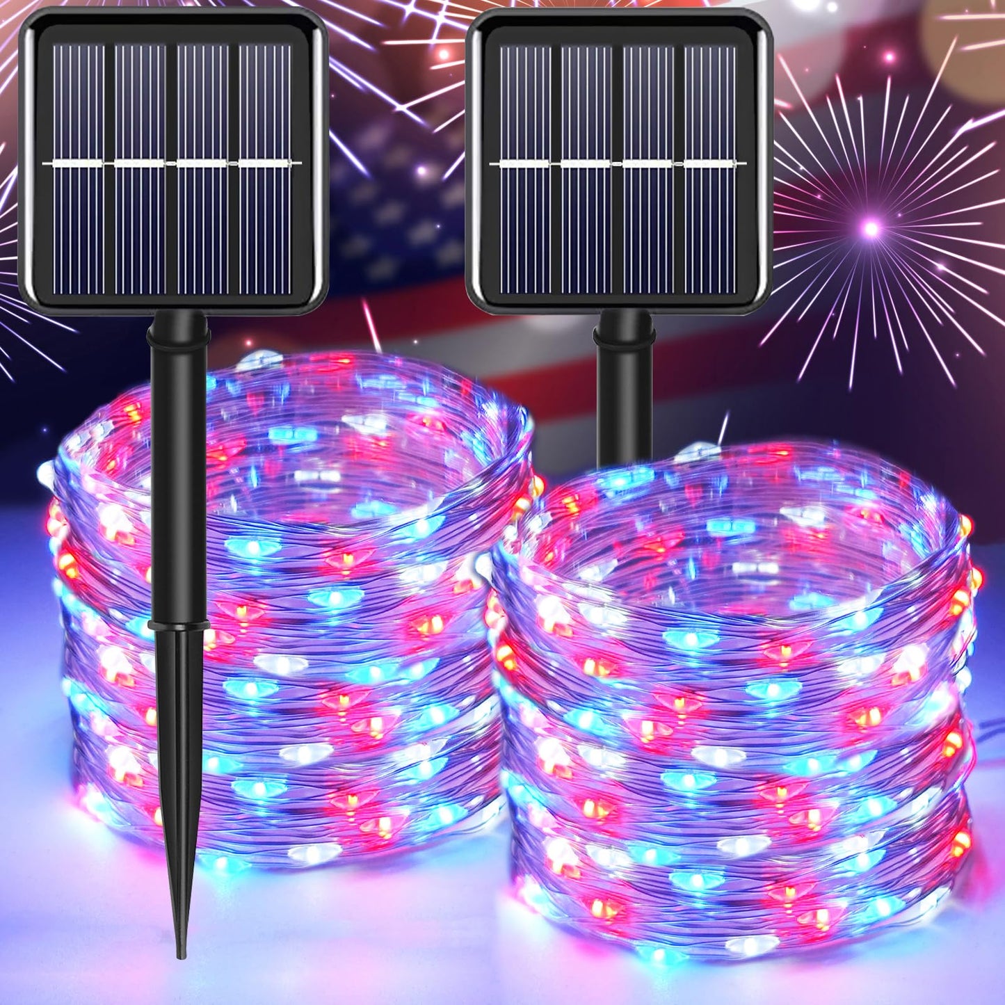 YAOZHOU 4th of July Patriotic Decorations, Red White Blue Solar Fairy String Lights Outdoor Waterproof, 2Pack Total 200LED 66Ft, IP67 8 Modes Outside for Memorial Day, Garden, Patio, Yard