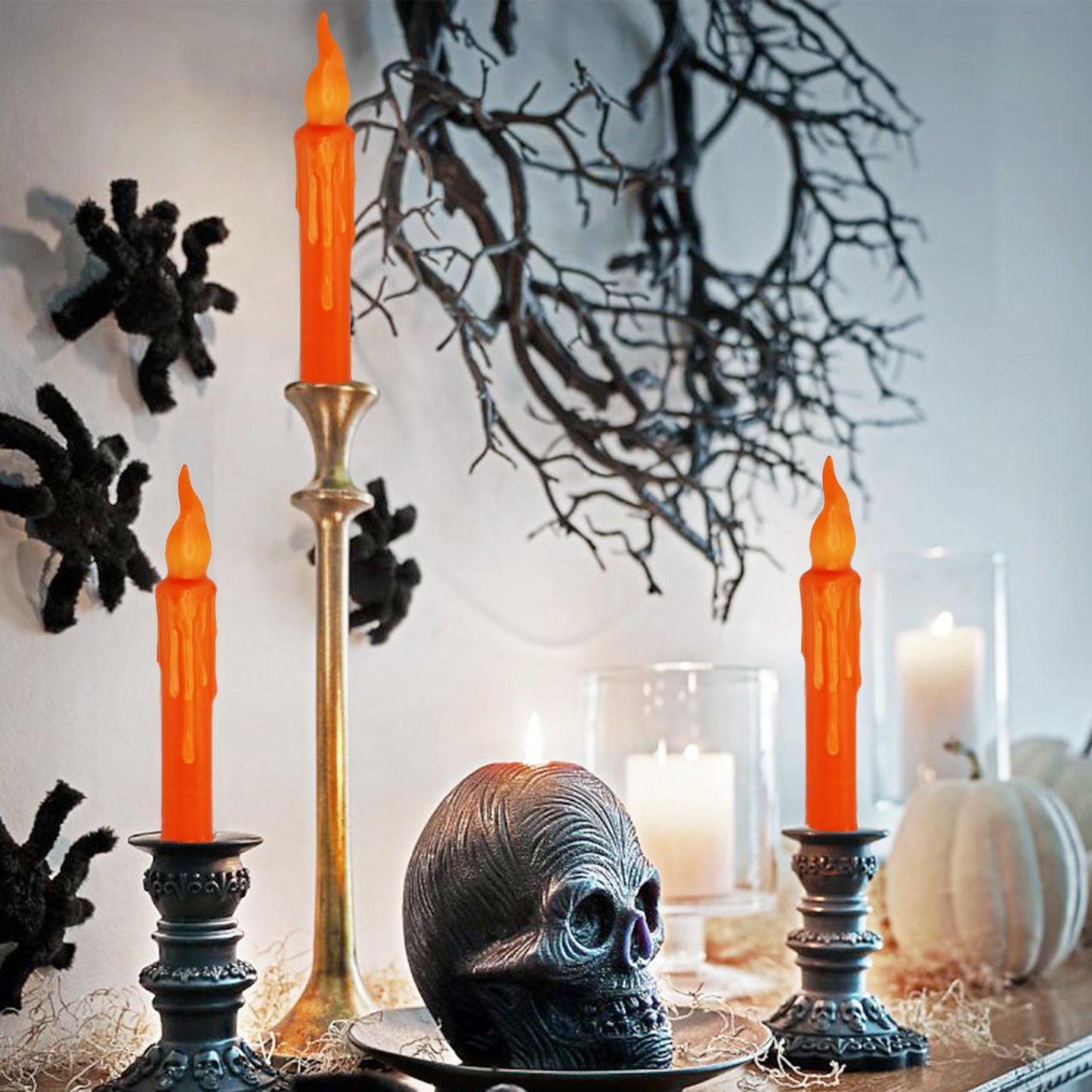 FCMSHAMD Orange Flameless Short Taper Candles, Real Wax Hand Dipped LED Battery Operated with Remote, Flickering Flame Lights for Festival Party Home Décor, 6.7 Inch Primitive Flameless Candles, 4PCS