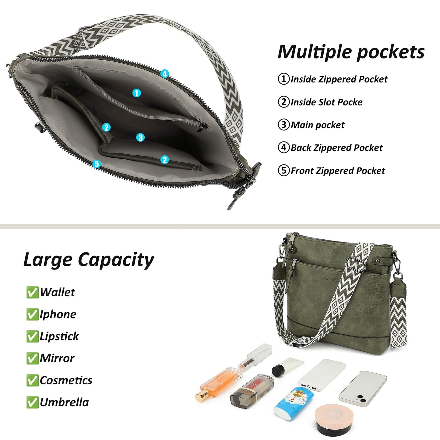 TANTOMI Vegan Leather Crossbody Bags for Women Hobo Travel Purse with Guitar Strap Trendy Women's Handbags with 6 Card Slots