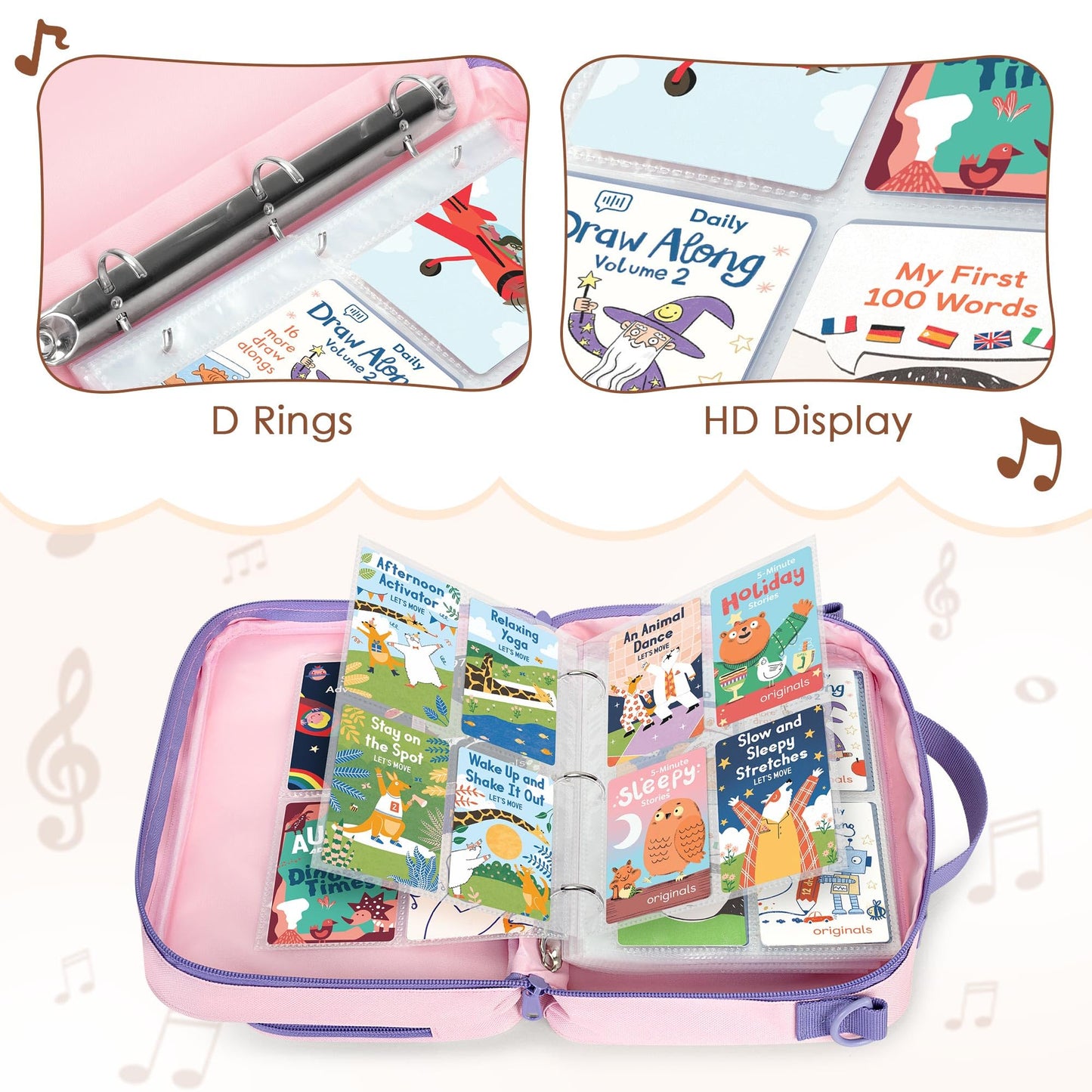 LoDrid Trading Card Binder 4 Pocket Compatible with Yoto Cards with 50 Removable Sleeves Holds up to 409 Cards, Card Case with Handle and Shoulder Strap for Travel, Pink, Bag Only, Patent Design