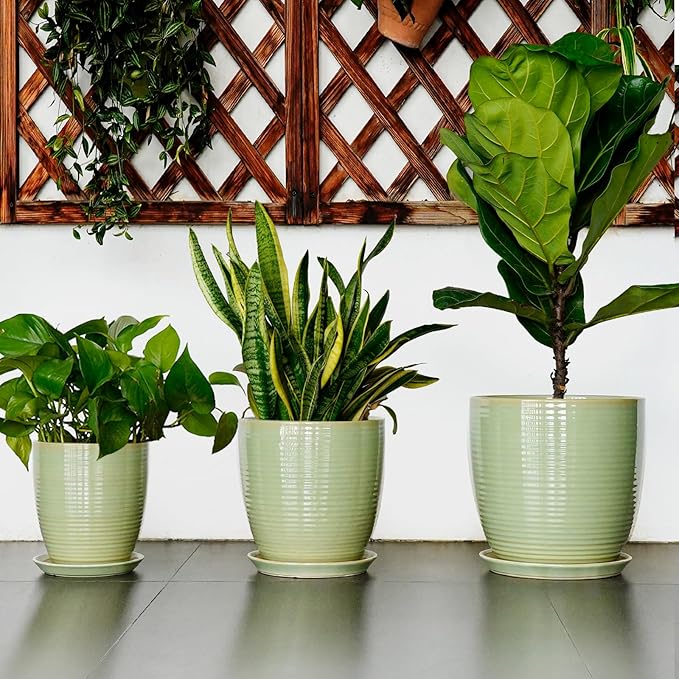 12 Inch Pots for Plants - Round Ceramic Planter with Drainage Hole and Plant Saucer for Flower Indoor Outdoor, Modern Room Office Home Garden Decor, House Warming Gifts, Green
