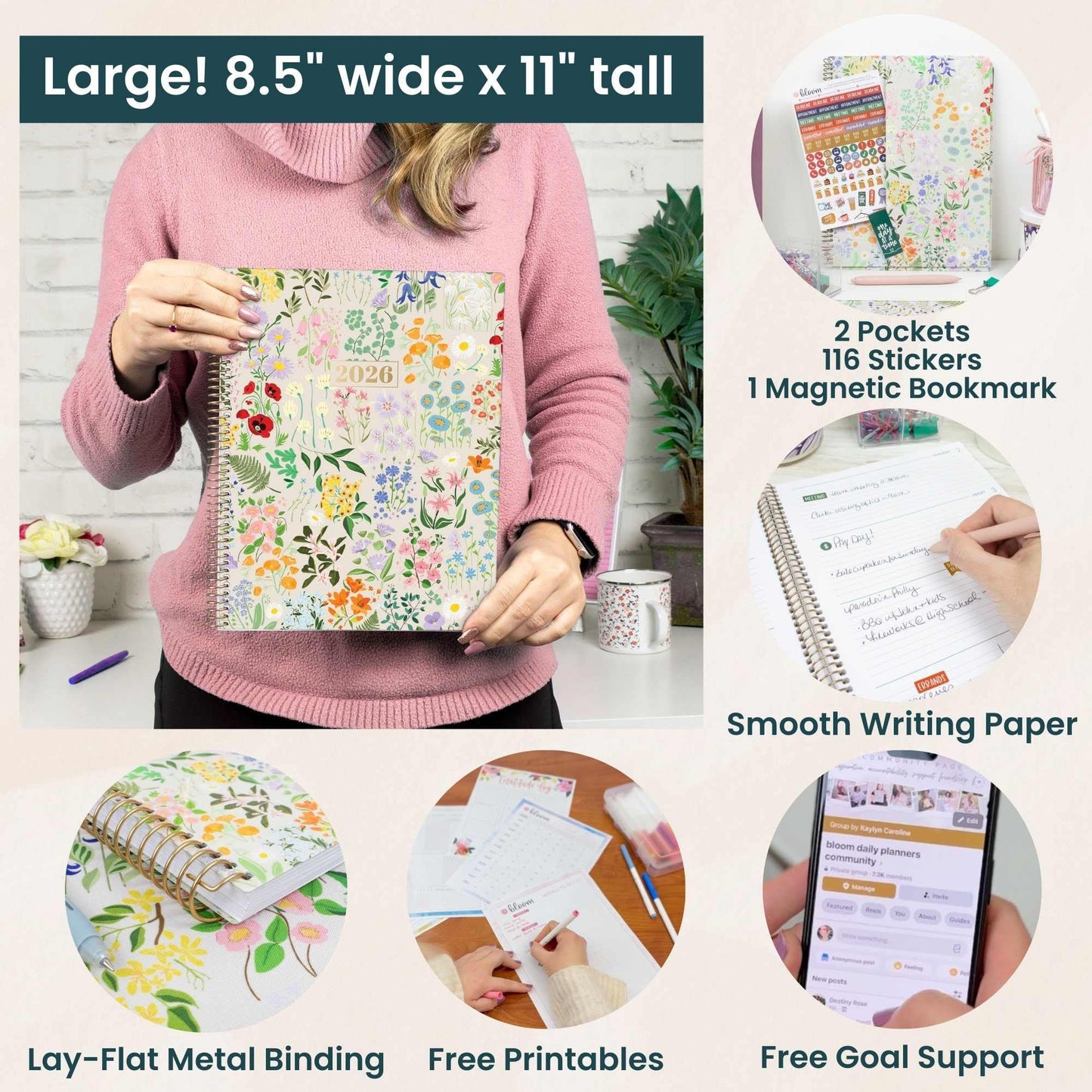 bloom daily planners 2026 Planner (January to December) - 8.5” x 11” Weekly & Monthly Dated Agenda Organizer Book with Stickers & Tabs - Flexible Soft Cover - Garden Party, Beige