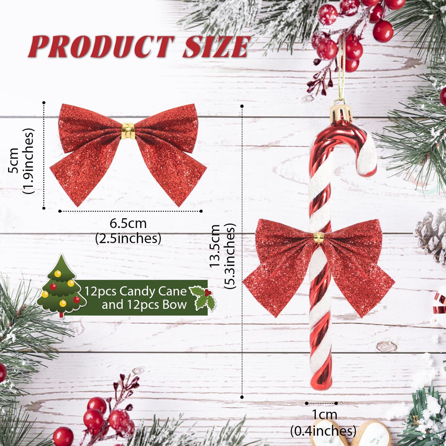 12 pcs Candy Cane Christmas Decorations with Bow - Glitter Candy Cane Xmas Decor - Christmas Hanging Ornaments with Rope for New Year Home Indoor Outdoor Party Holiday (Red)