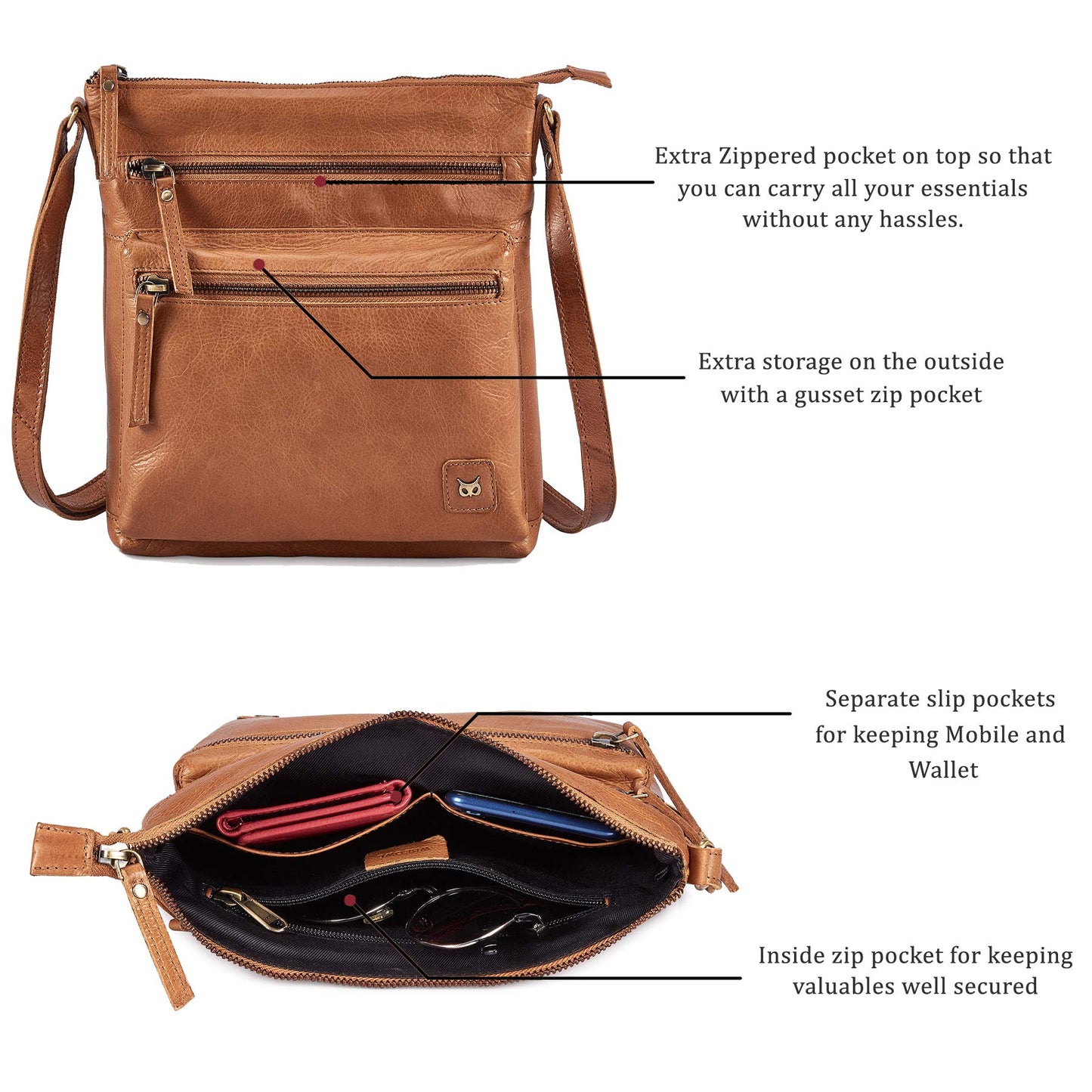 Wise Owl Accessories Small Crossbody Bags for Women Real Leather Purse & Handbags Crossover Over the Shoulder Pocketbook Handmade Gift (Cognac Multi-Wax)